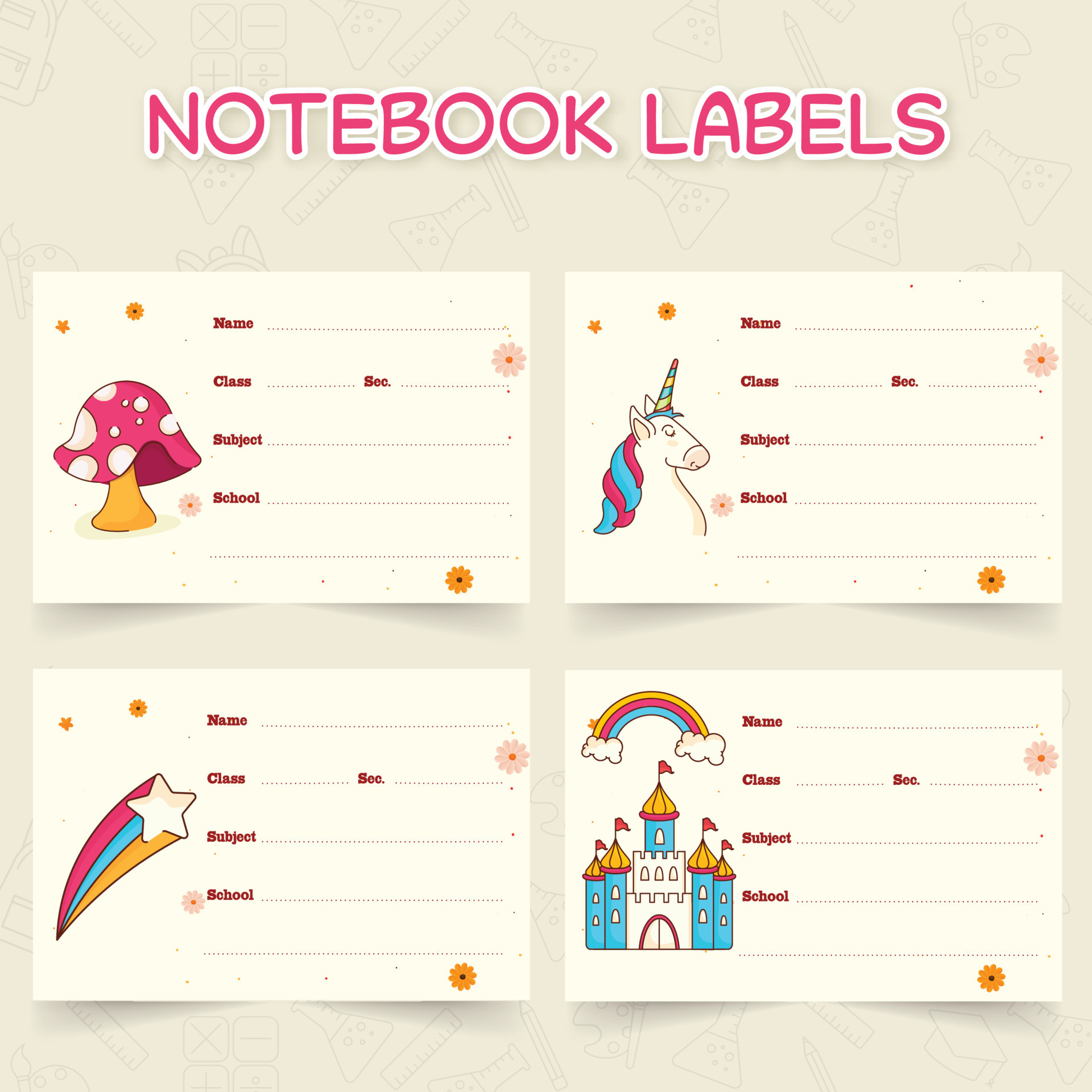 Set of 04 notebook label or name tag on doodle school elements