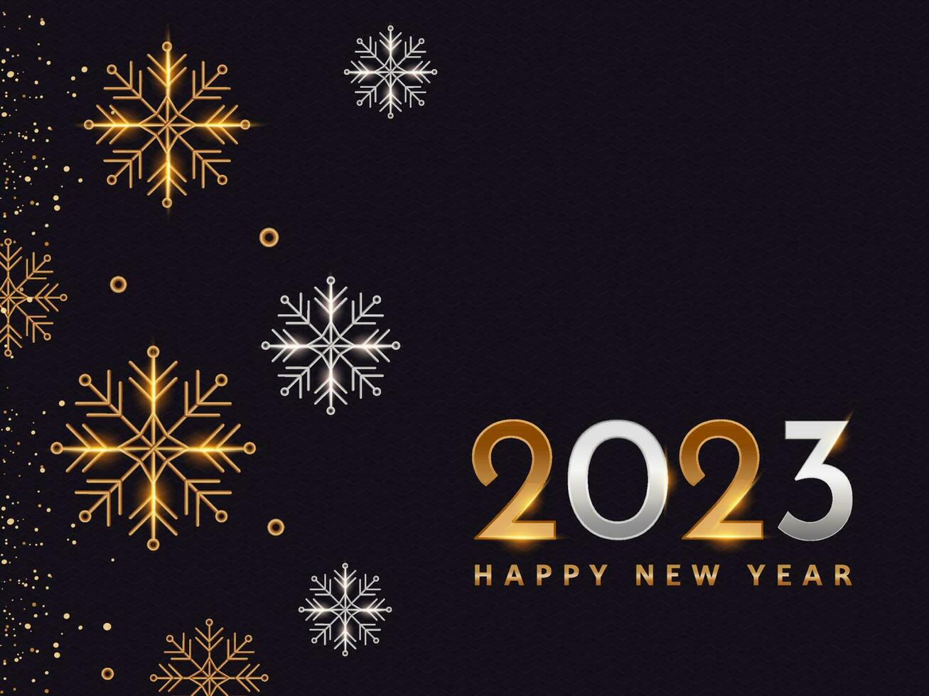 Golden And Silver 2023 Happy New Year Text With Snowflakes, Particle Dots On Dark Purple Zigzag Line Pattern Background. vector