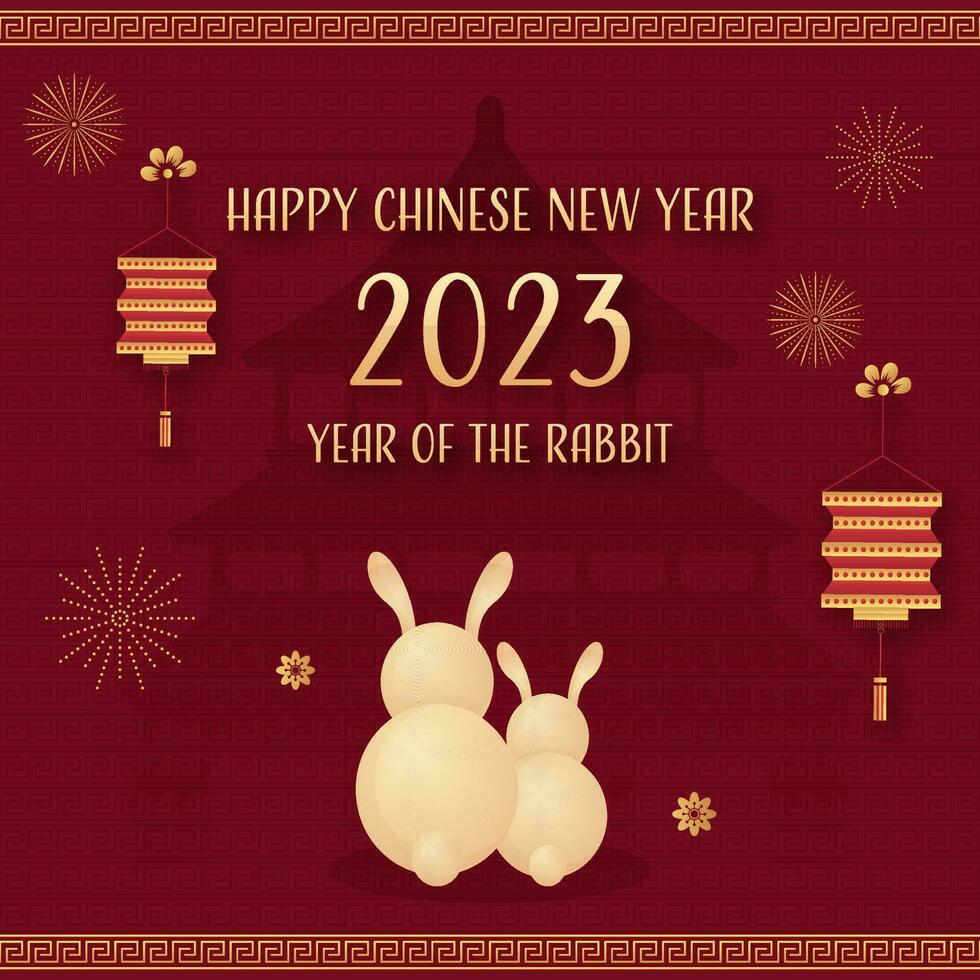 2023 chino nuevo año póster diseño con posterior ver de linda conejitos, papel linternas colgar en rojo tradicional modelo cielo templo antecedentes. vector