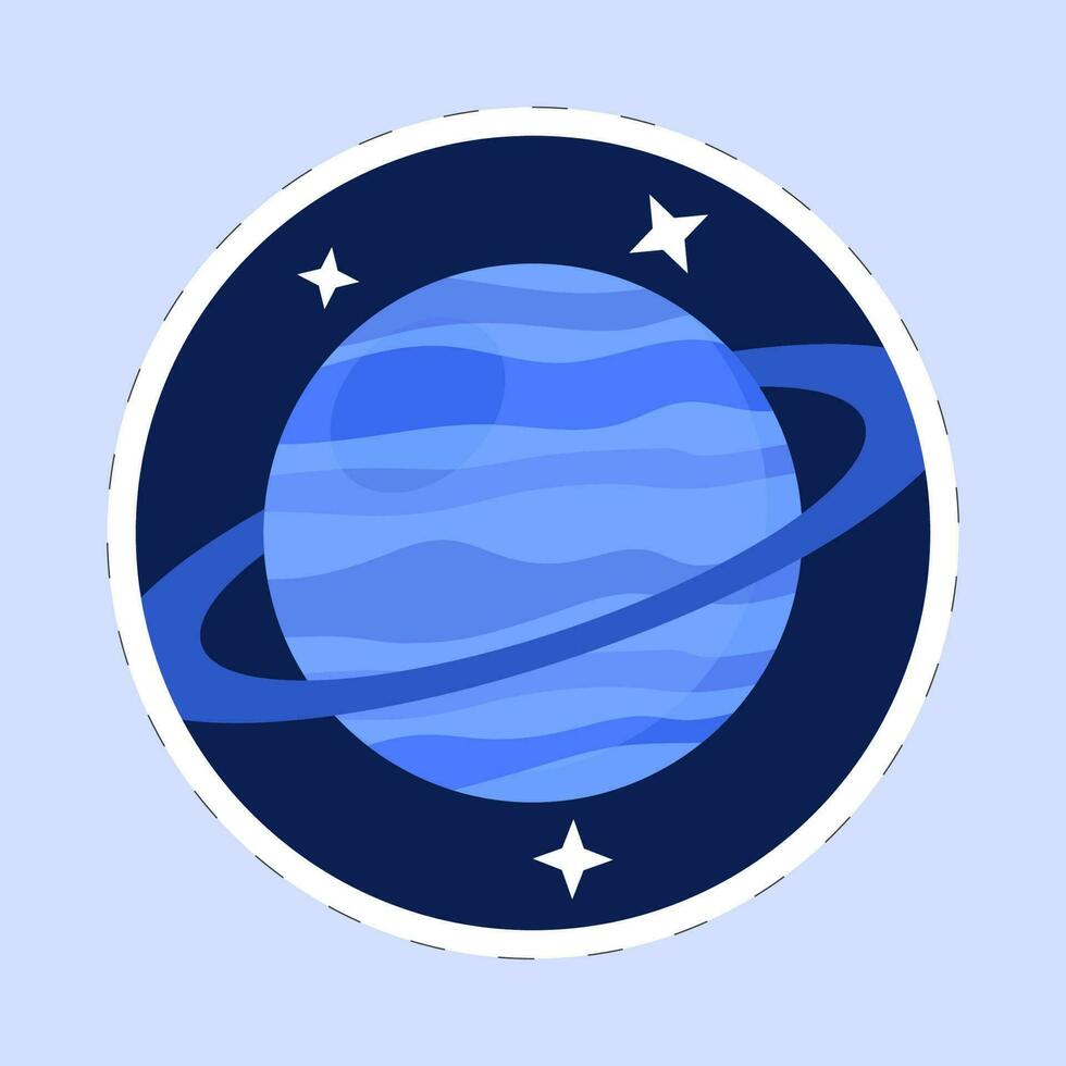 Isolated Uranus Planet With Stars Blue Background In Sticker Style. vector