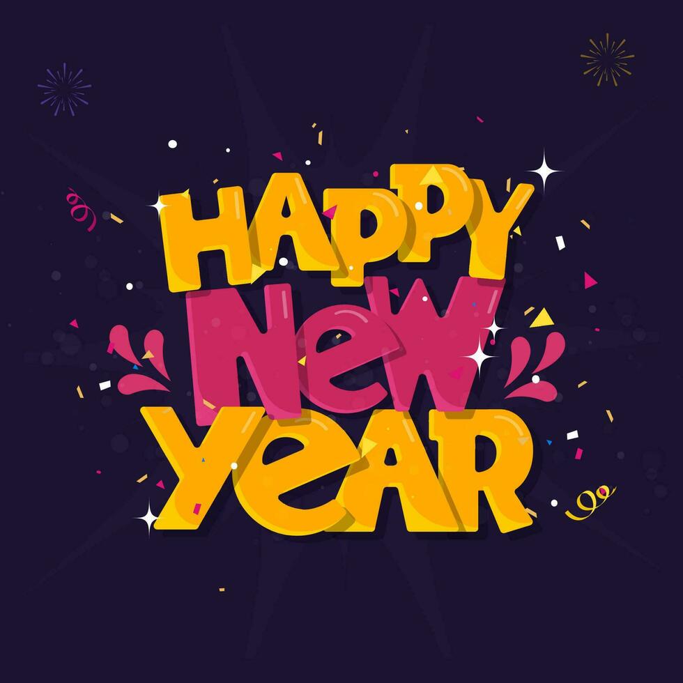 Happy New Year Font With Confetti And Fireworks On Purple Background. vector