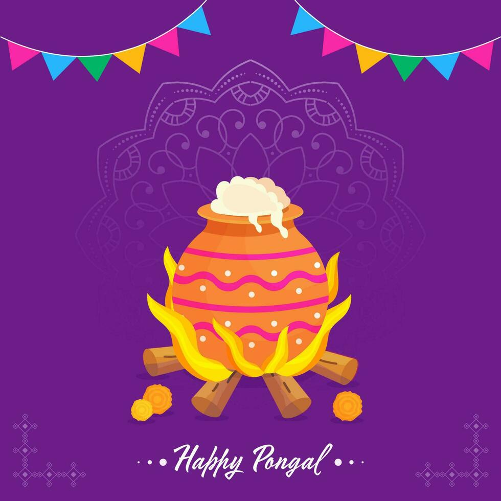 Happy Pongal Celebration Poster Design With Rice Cooking In Mud Pot Over Bonfire And Bunting Flags On Purple Mandala Background. vector