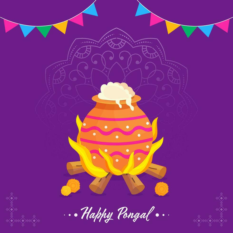 contento pongal celebracion póster diseño con arroz Cocinando en barro maceta terminado hoguera y verderón banderas en púrpura mandala antecedentes. vector