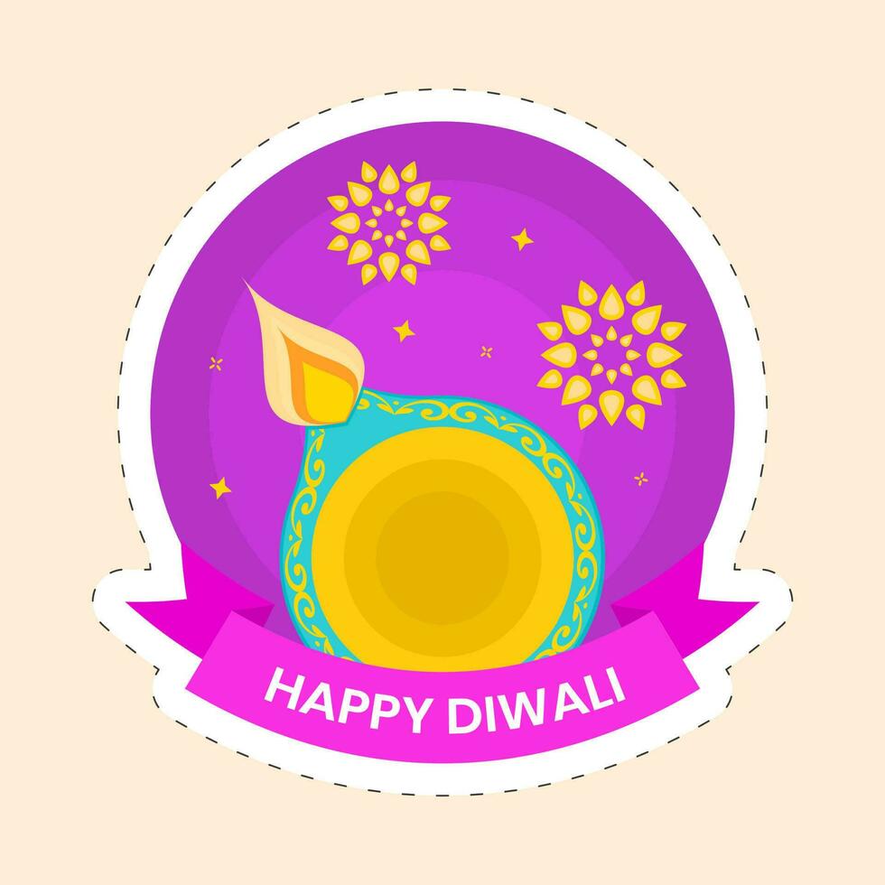 Top View Of Burning Oil Lamp Against Mandala Pink Background For Happy Diwali Celebration Sticker. vector