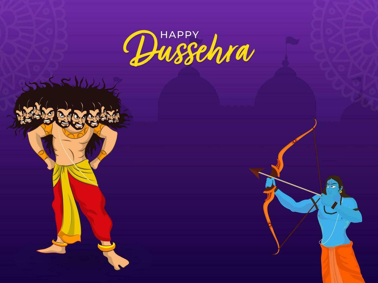 Happy Dussehra Celebration Concept With Lord Rama Taking Aim Towards Demon Ravana On Purple Silhouette Temple Background. vector