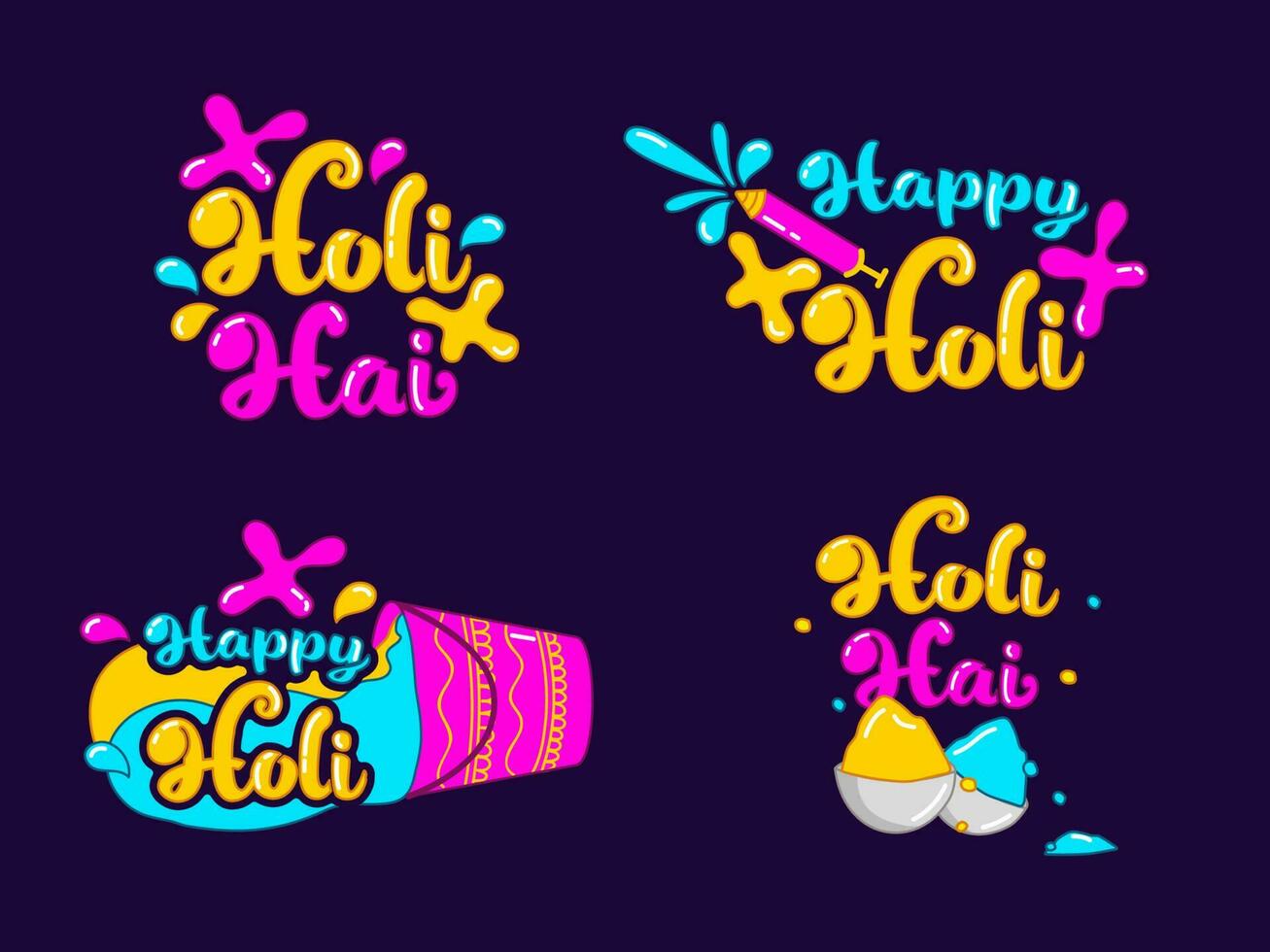 Colorful Holi Festival Font Set With Water Gun, Color Bowls, Bucket And Splash Effect Against Purple Background. vector