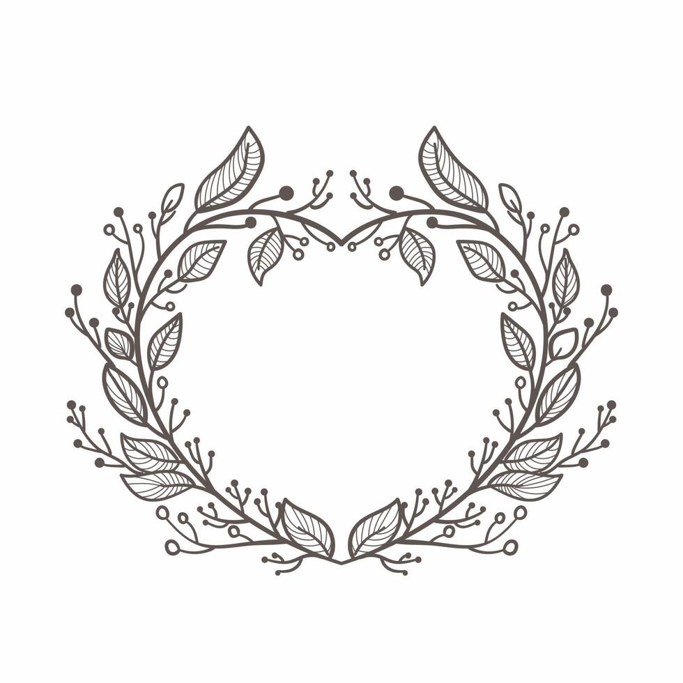 Hand Drawn Wreath or Floral Frame In Heart Shape. Illustration. vector