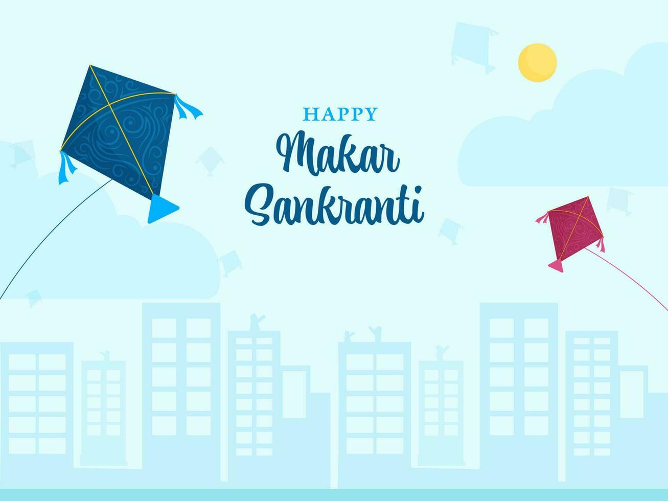 contento makar sankranti celebracion concepto con volador vistoso cometas en pastel azul edificios antecedentes. vector