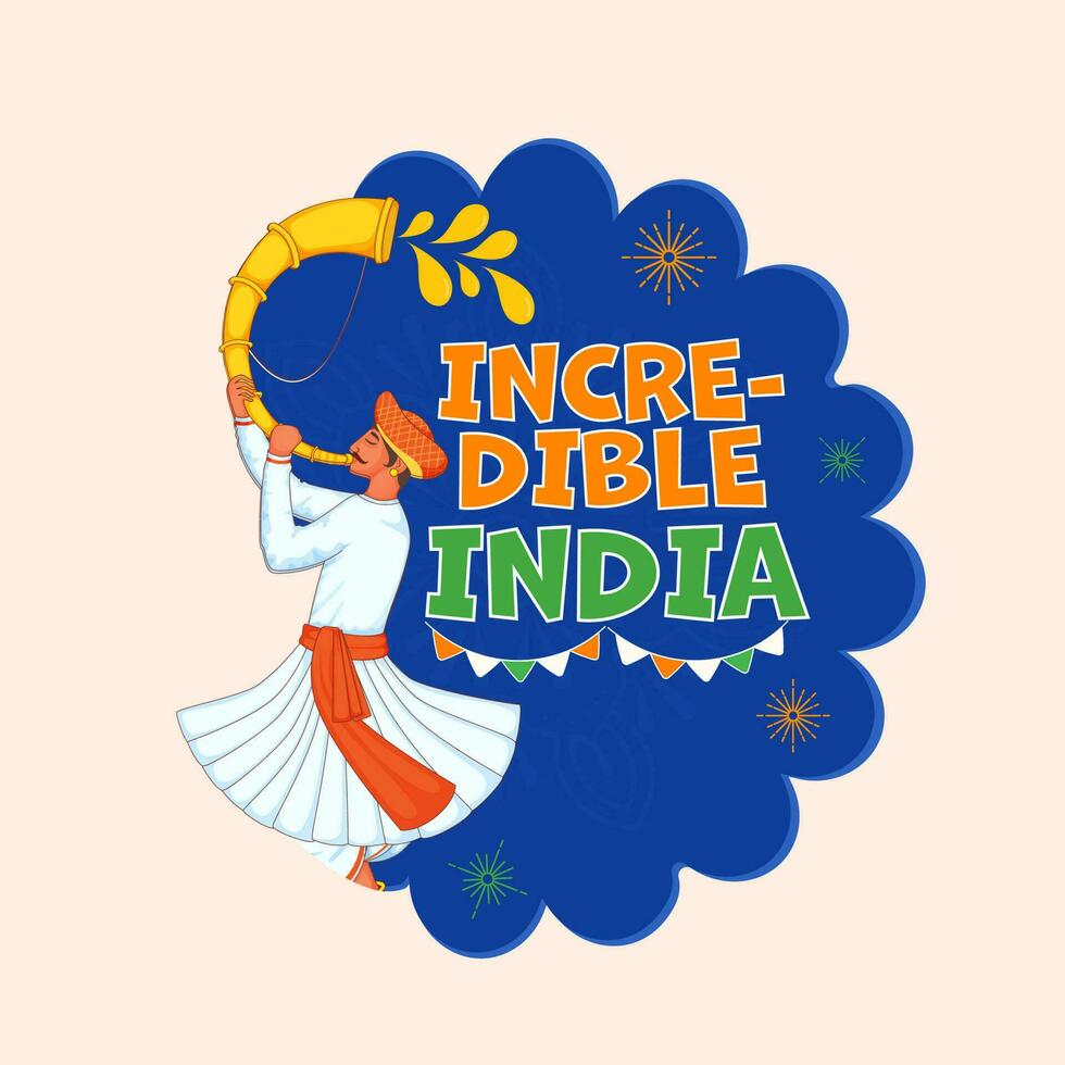 increíble India fuente con verderón banderas, hombre soplo Tutari cuerno en tradicional atuendo en azul y pastel rosado antecedentes. vector