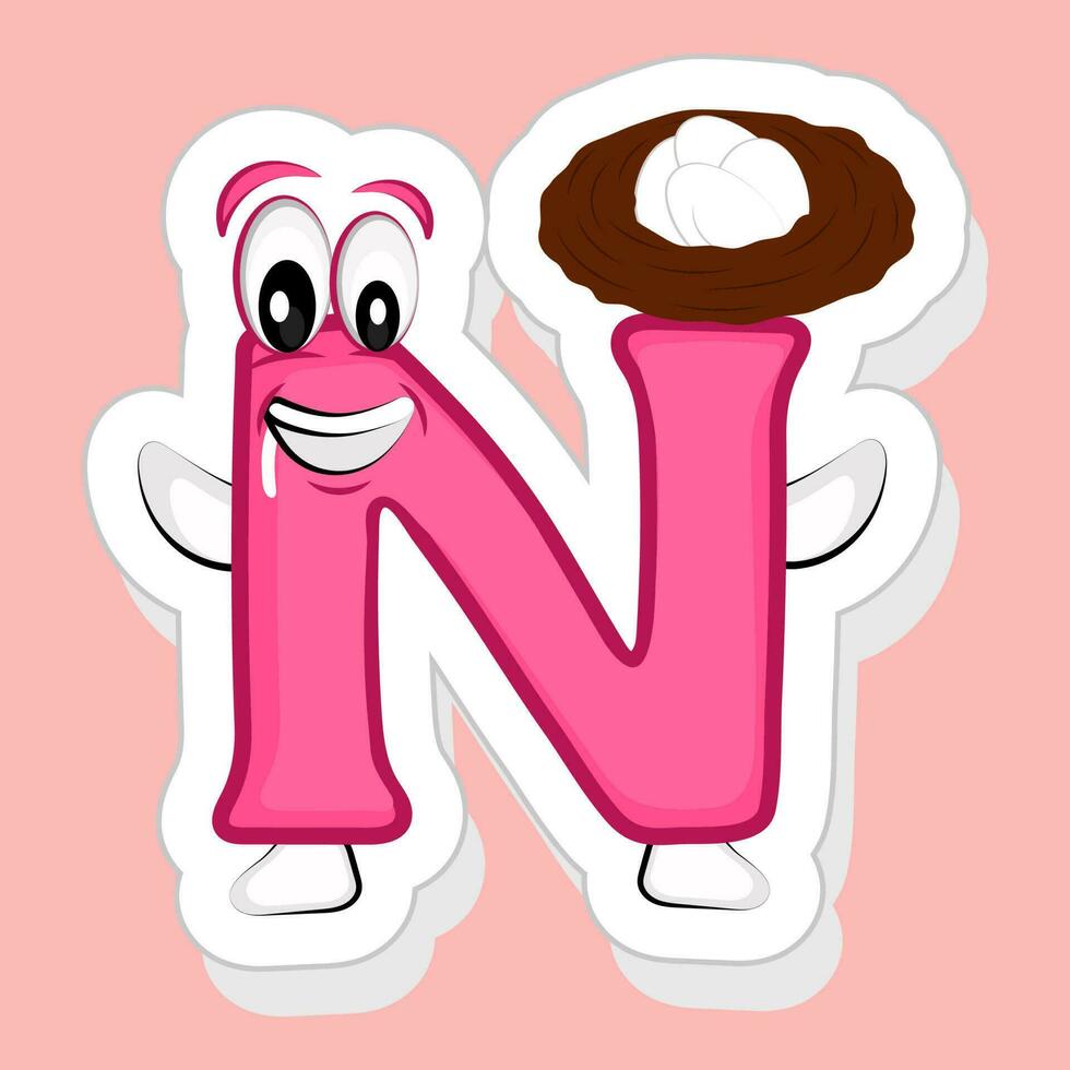 Sticker Style Greedy N Alphabet Cartoon Character With Eggs Nest On Pink Background. vector