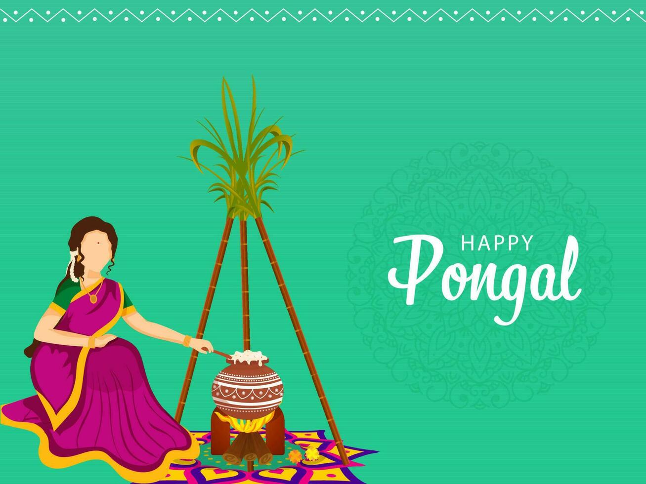 contento pongal celebracion concepto con sin rostro sur indio mujer emocionante arroz en barro maceta y Caña de azucar en agua verde antecedentes. vector