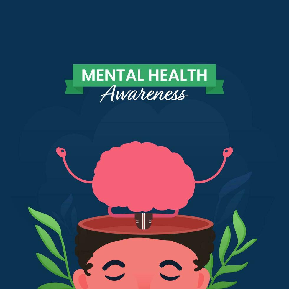 Awareness Mental Health Month Concept With Brain On Open Head Of Man Against Blue Background. vector
