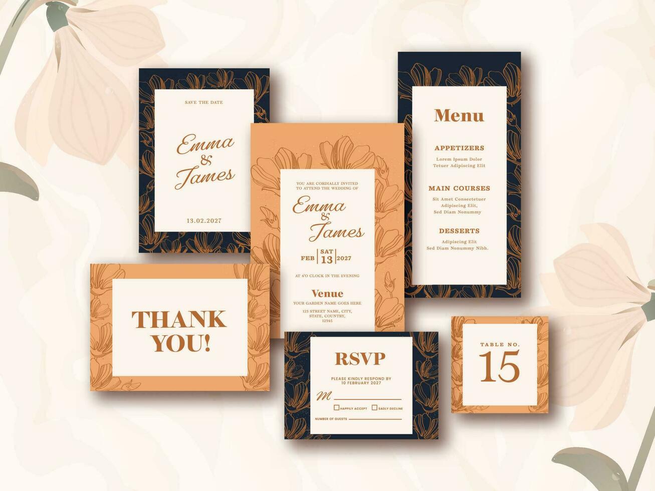 Wedding Invitation Card Suite Against Floral White Background. vector