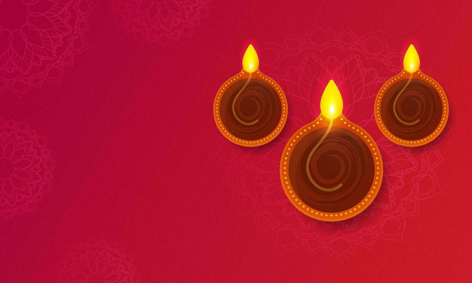 Top View Of Illuminated Oil Lamps And Copy Space On Red Mandala Pattern Background. vector