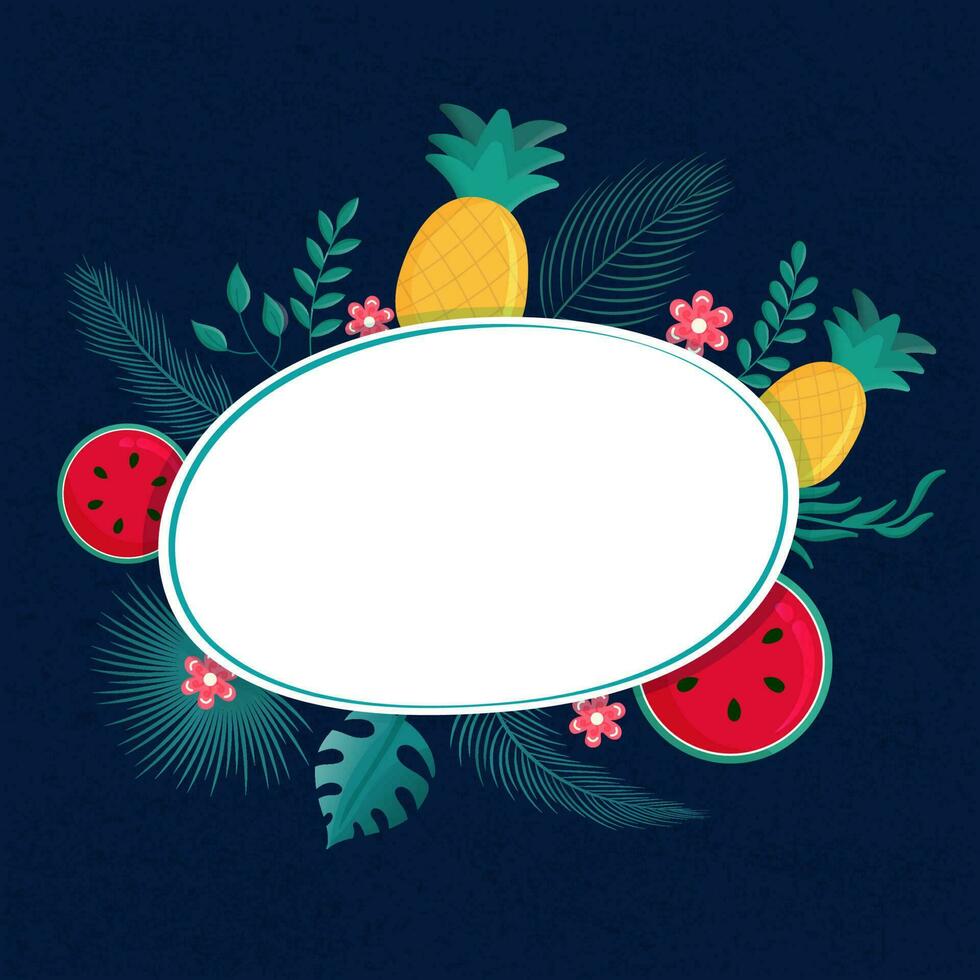 Summer time concept with watermelon slices, pineapples and fir leaves with oval sticker with space for your message. vector