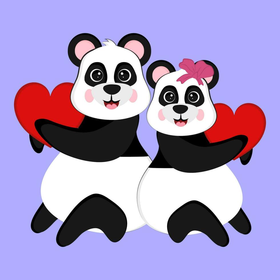Panda couple with red hearts. Love or Valentines Day concept. vector