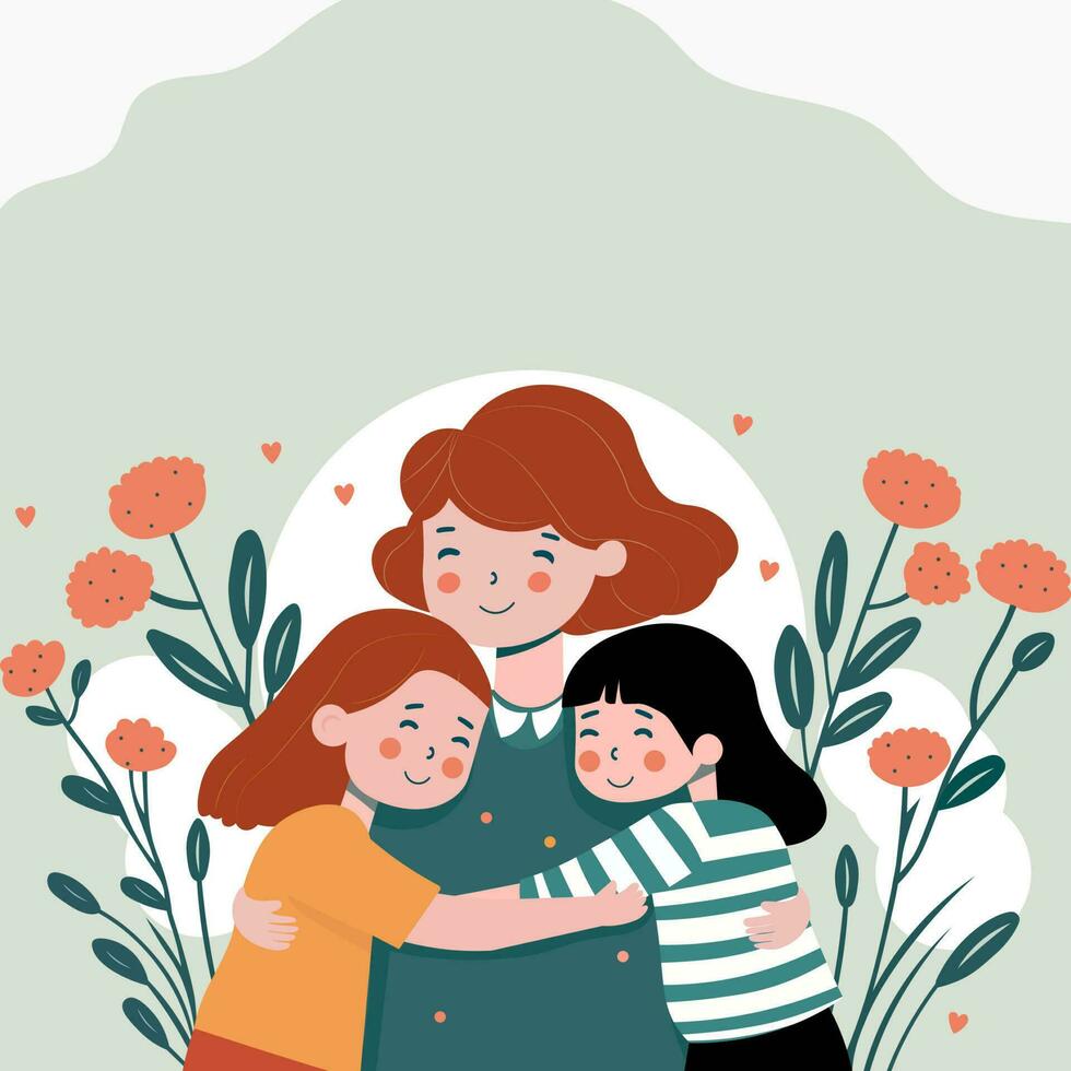 Young Woman Character Hugging Cute Girls On Floral Decorated Background And Copy Space. vector