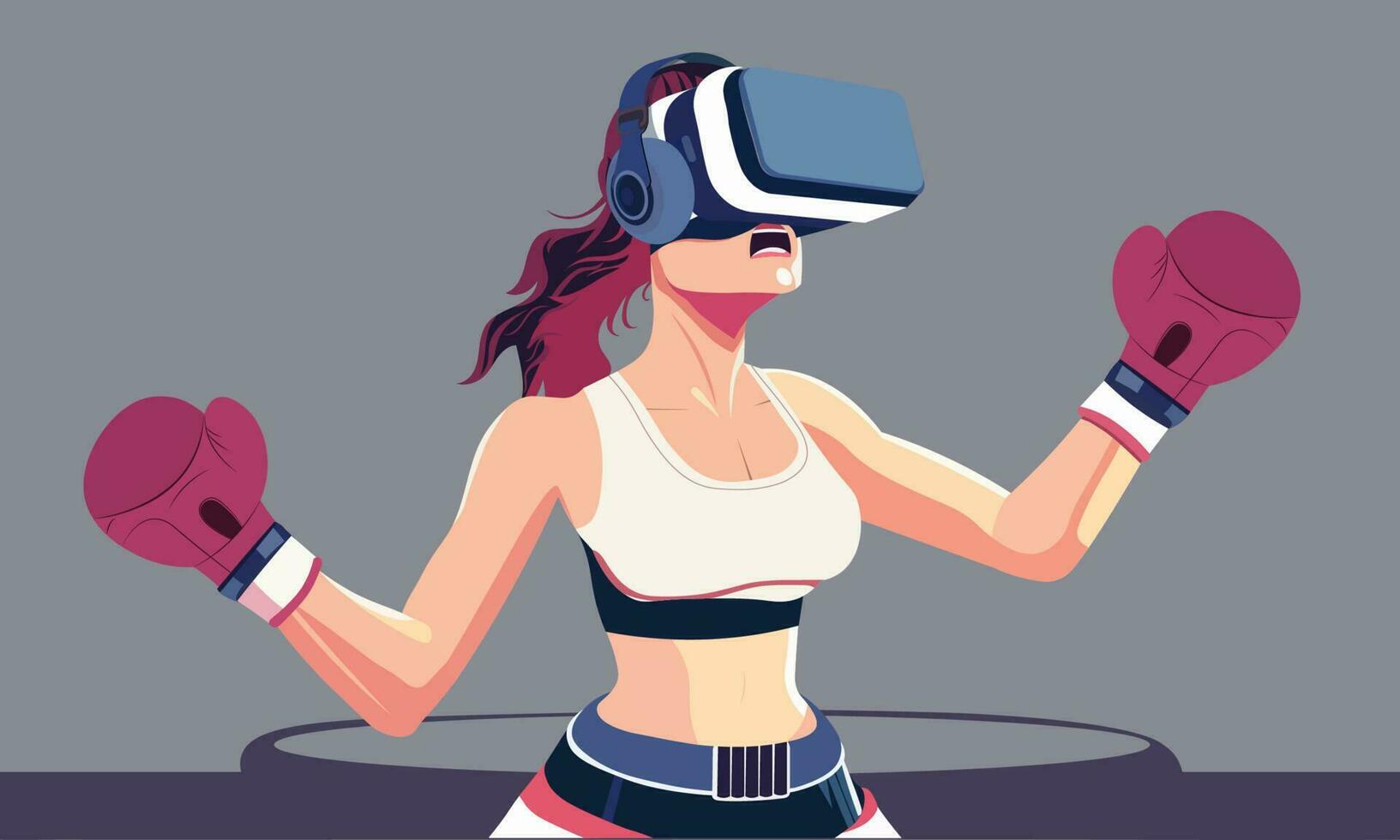 Vector of Female Boxer Wearing VR Headset With Boxing Gloves On Gray And Purple Background.