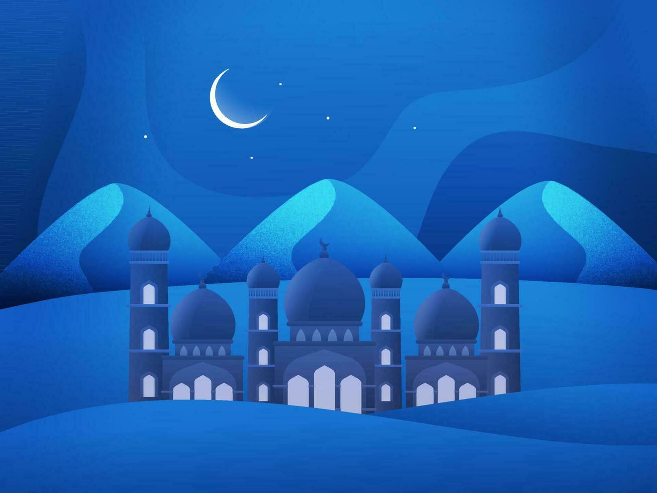 Night view of a mosque in crescent moon light on desert and mountains background, concept for Islamic holy month of Ramadan Kareem or Eid Mubarak festival celebration. vector