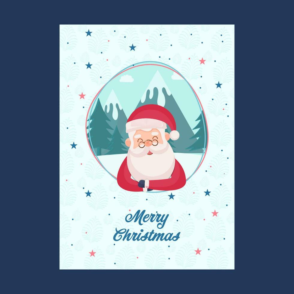Merry Christmas Celebration Greeting Card With Cute Santa Claus, Xmas Tree, Mountain And Stars On Pastel Blue Background. vector