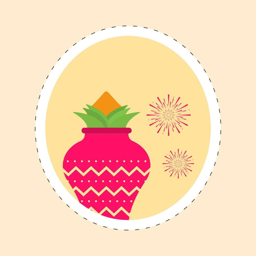 Circular Sticker Of Worship Pot With Fireworks Against Yellow Background. vector