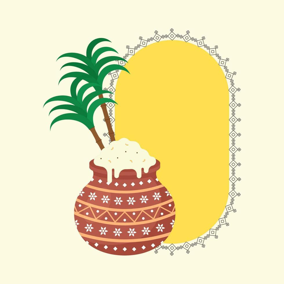 Flat Style Rice Clay Pot With Sugarcane On Oval Yellow Background. vector