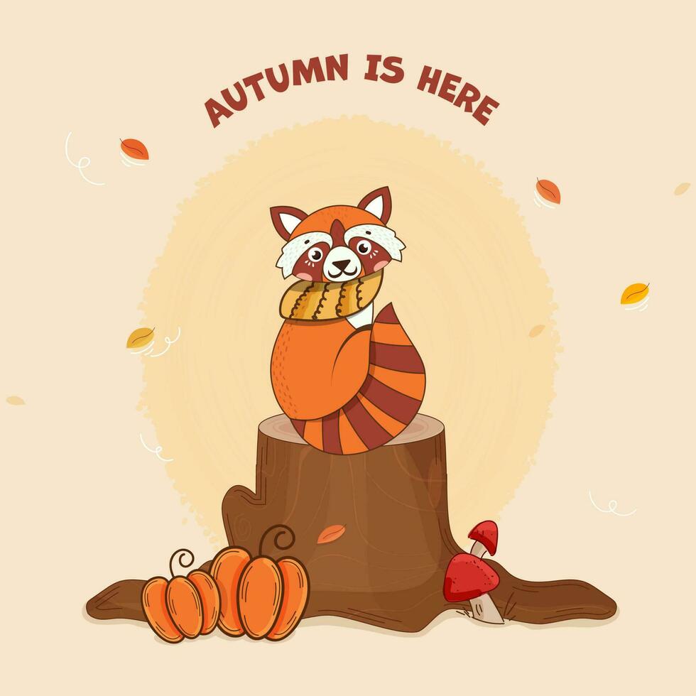 Autumn Is Here Font With Cartoon Raccoon Sitting Over Stump, Pumpkin And Toadstool On Pastel Peach Background. vector