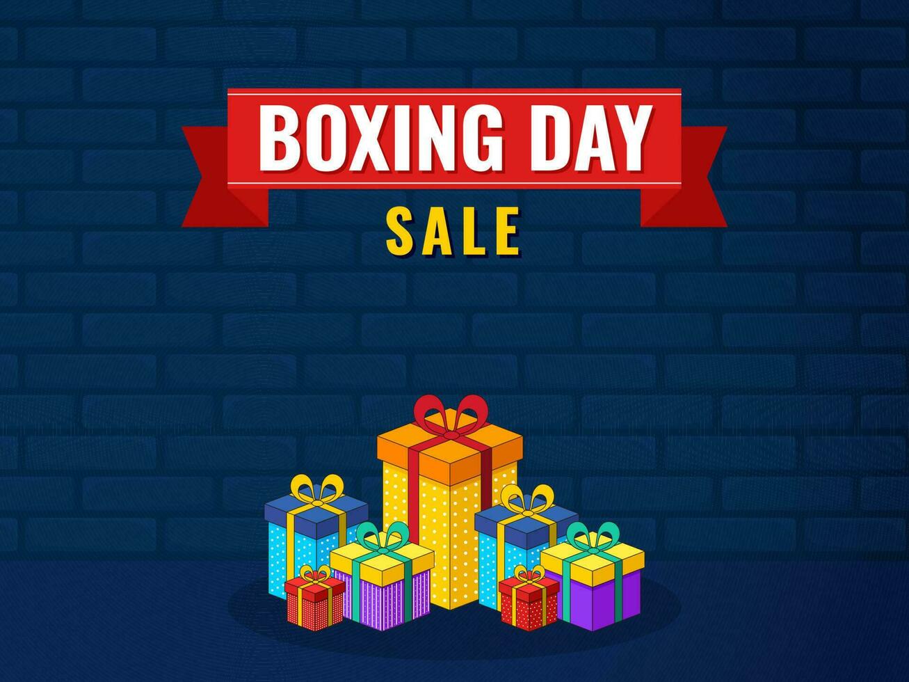 Boxing Day Sale Poster Design With Colorful Realistic Gift Boxes On Blue Brick Wall Background. vector