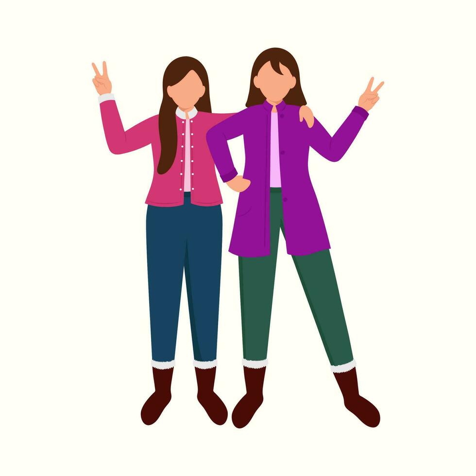 Faceless Young Women Giving Pose For Photoshoot In Woolen Clothes On White Background. vector