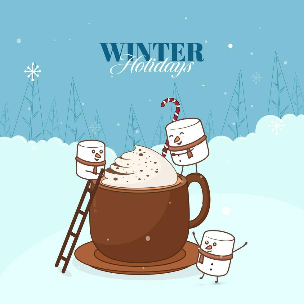 Winter Holidays Background With Cartoon Marshmallow, Candy Cane And Whipped Cream Cocoa Cup. vector