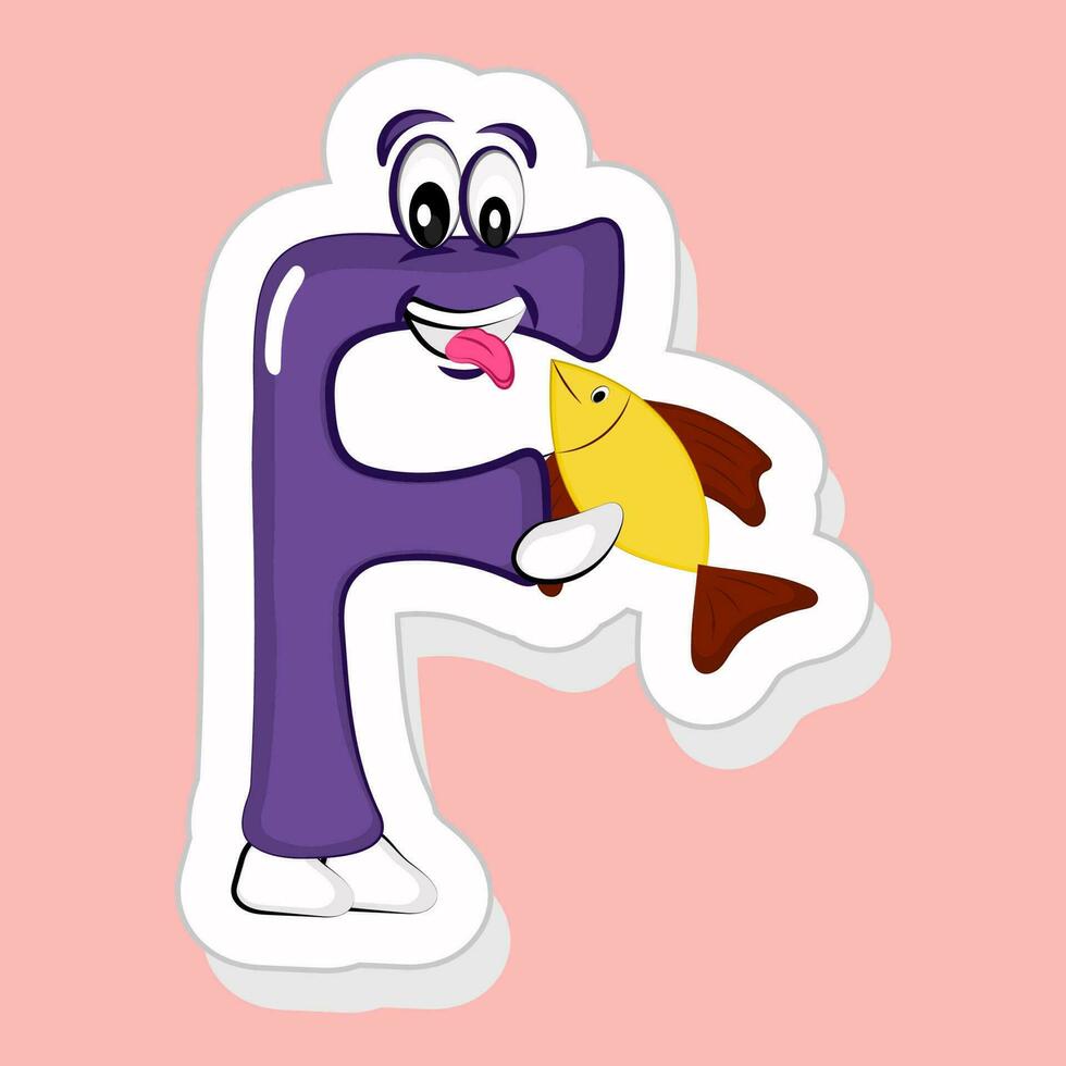 Sticker Style Purple F Alphabet Cartoon Character Holding Fish On Pink Background. vector
