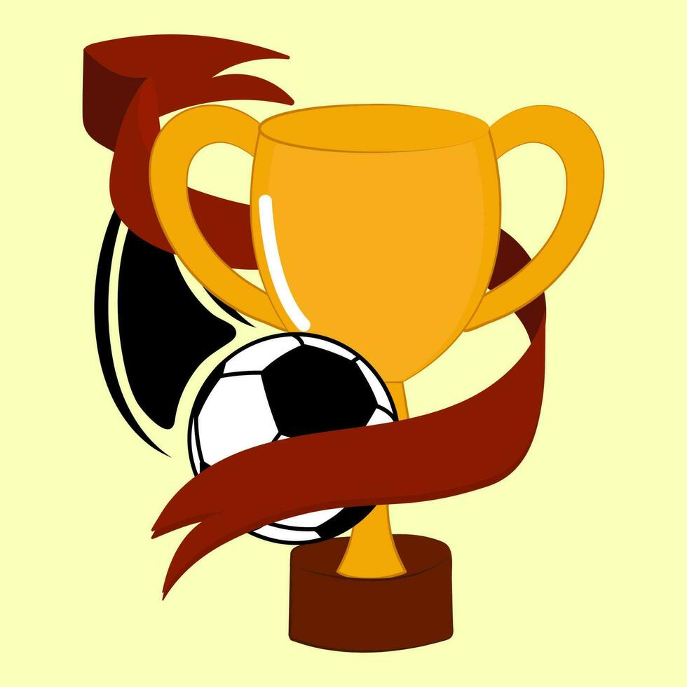 Blank Ribbon With Golden Trophy Cup, Soccer Ball On Yellow Background For Football Championship Concept. vector