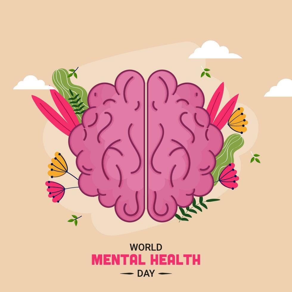 mundo mental salud día concepto con vector cerebro, flor y hojas en melocotón antecedentes.