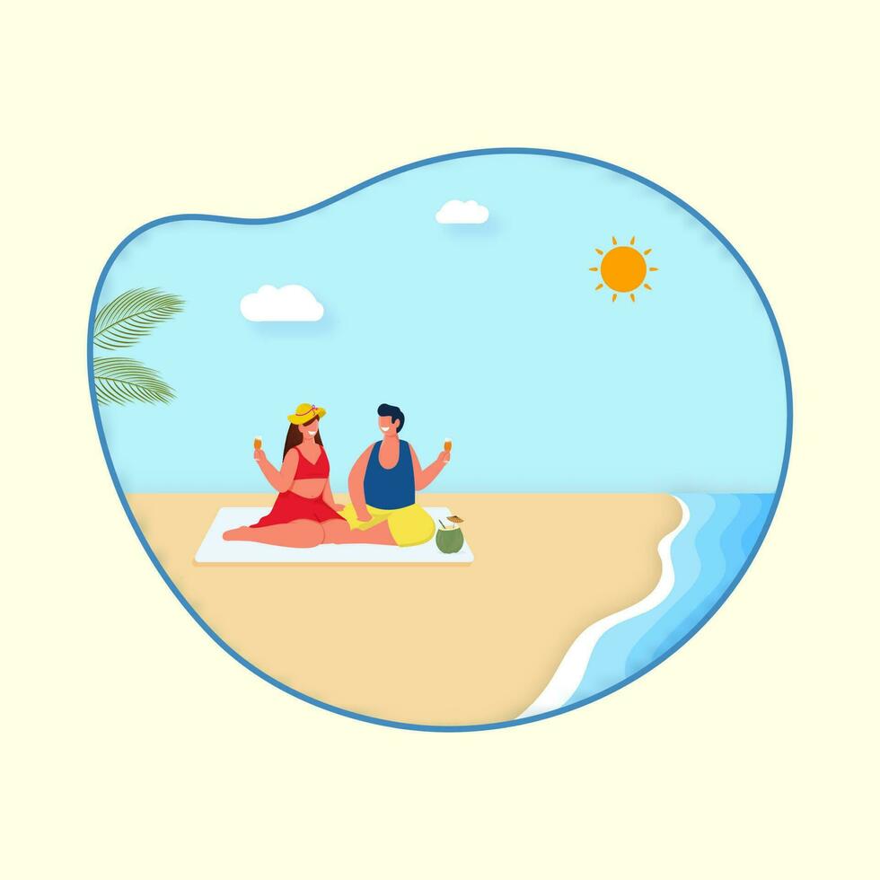 Swimmer Man And Woman Enjoying At Beach Side Against Beige Background. vector