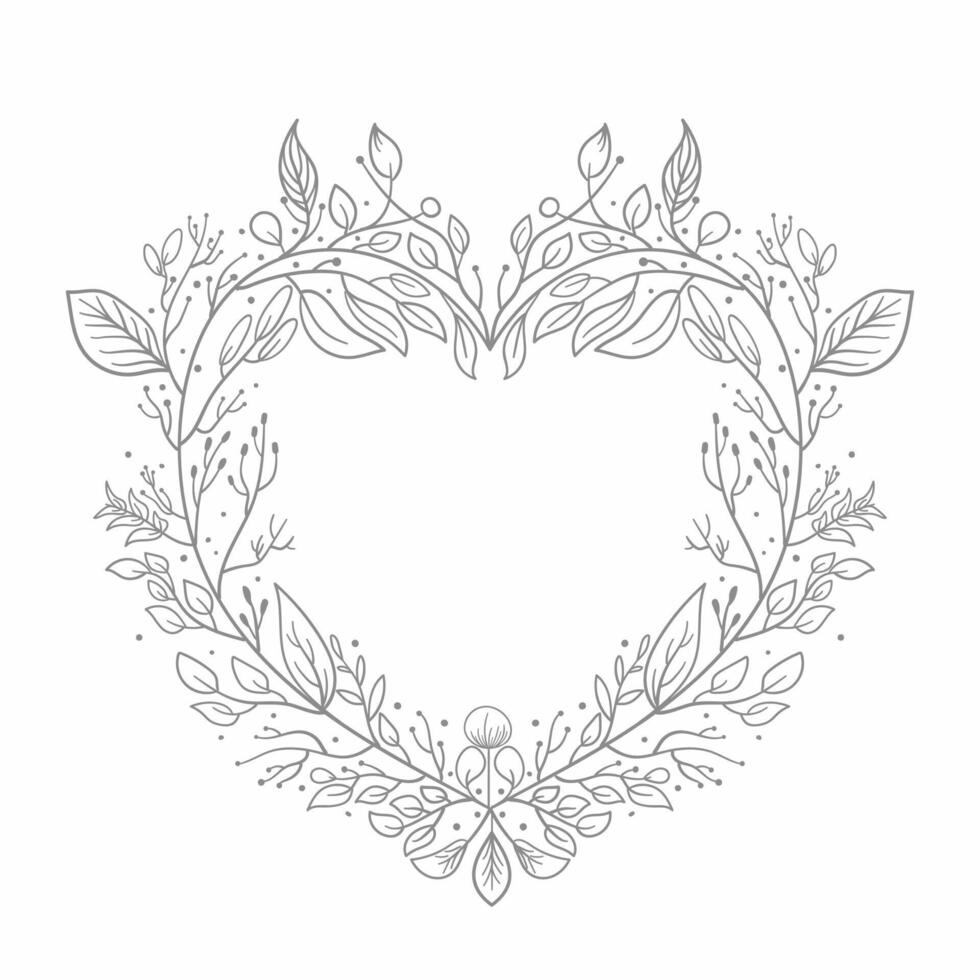 Hand Drawn Wreath or Floral Frame In Heart Shape. Illustration. vector