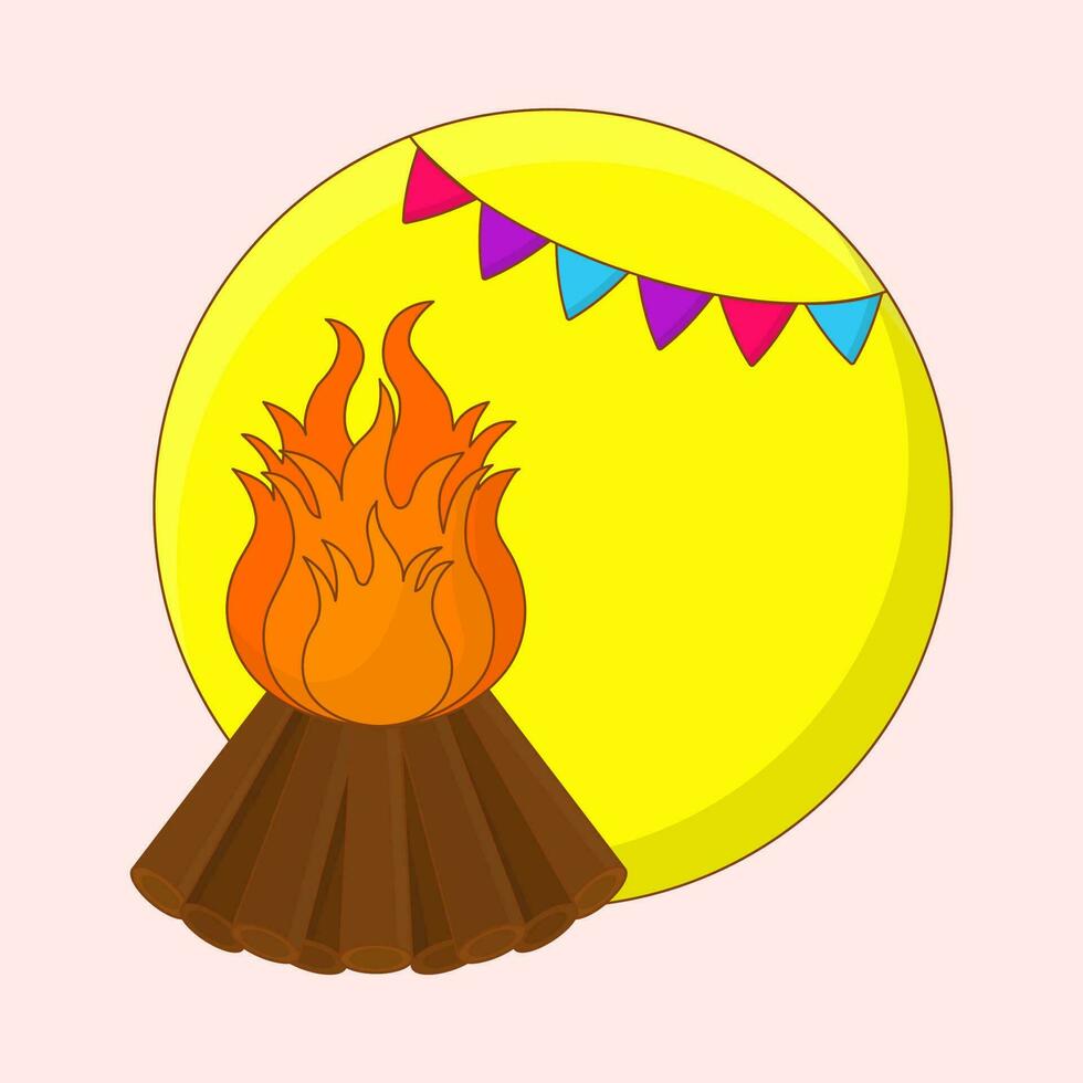Burning Wood With String Flag Hang Yellow Blank Circle Frame On Pink Background. vector