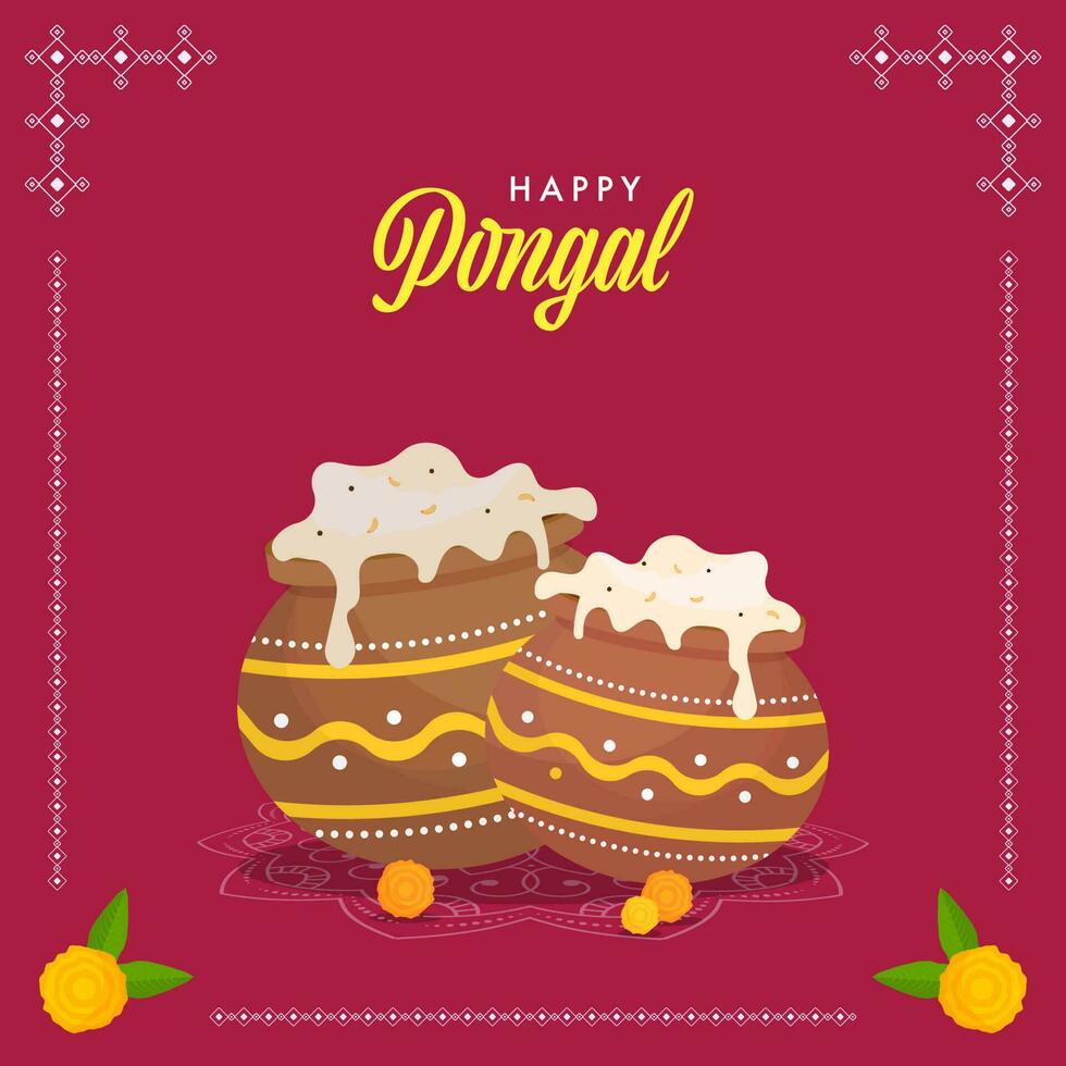Happy Pongal Celebration Concept With Pongali Rice In Mud Pots And Marigold Flowers On Dark Pink Background. vector
