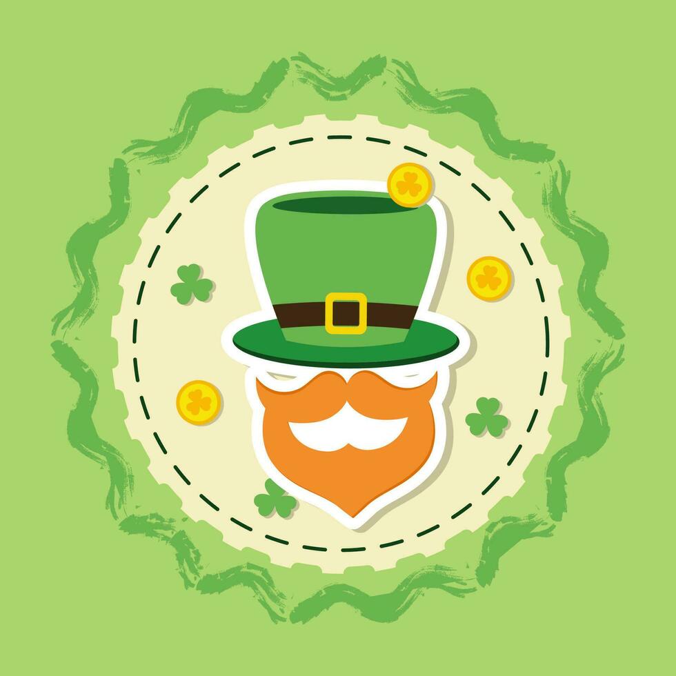 Sticker Style Leprechaun Man Face With Clover Golden Coins On Yellow and Green Background For St Patrick Day Concept. vector