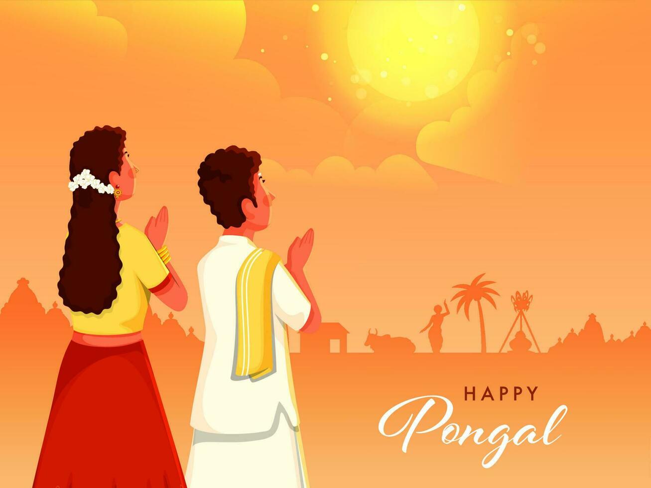 South Indian Couple Doing Sun God Worship On Orange Background For Happy Pongal Celebration Concept. vector