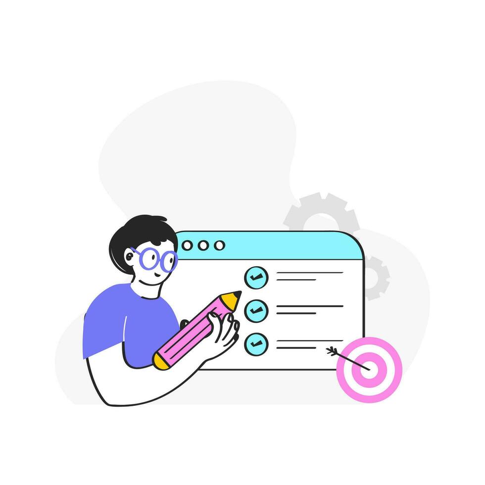 Vector Illustration Of Cartoon Man Ticking Check Mark In Website Or Webpage With Dartboard On White Background.
