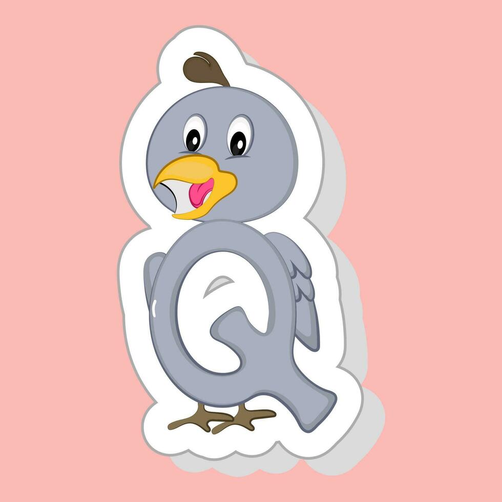 Sticker Style Q Alphabet Animal Cartoon Quail On Pink Background. vector