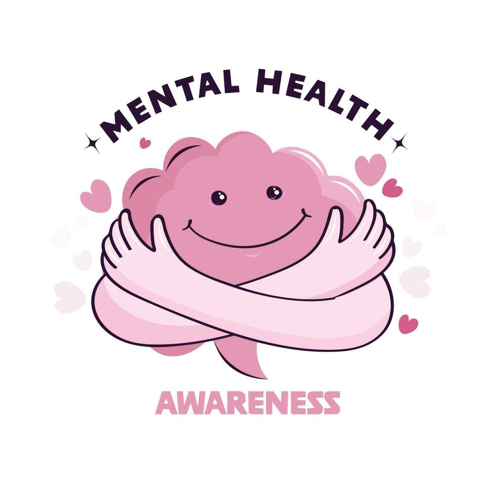 Awareness Mental Health Day Concept With Smiley Brain And Crossed Hands As Hug On White Background. vector