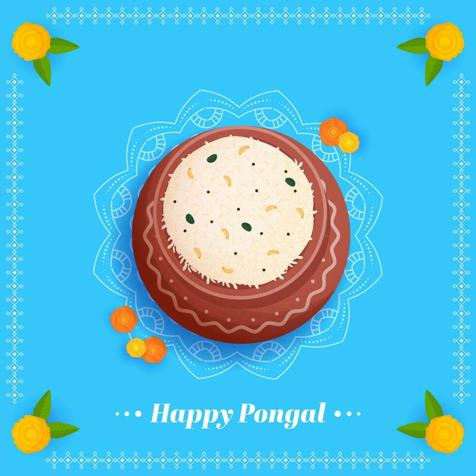 contento pongal celebracion concepto con parte superior ver de pongali arroz en barro maceta y maravilla flor en azul mandala antecedentes. vector