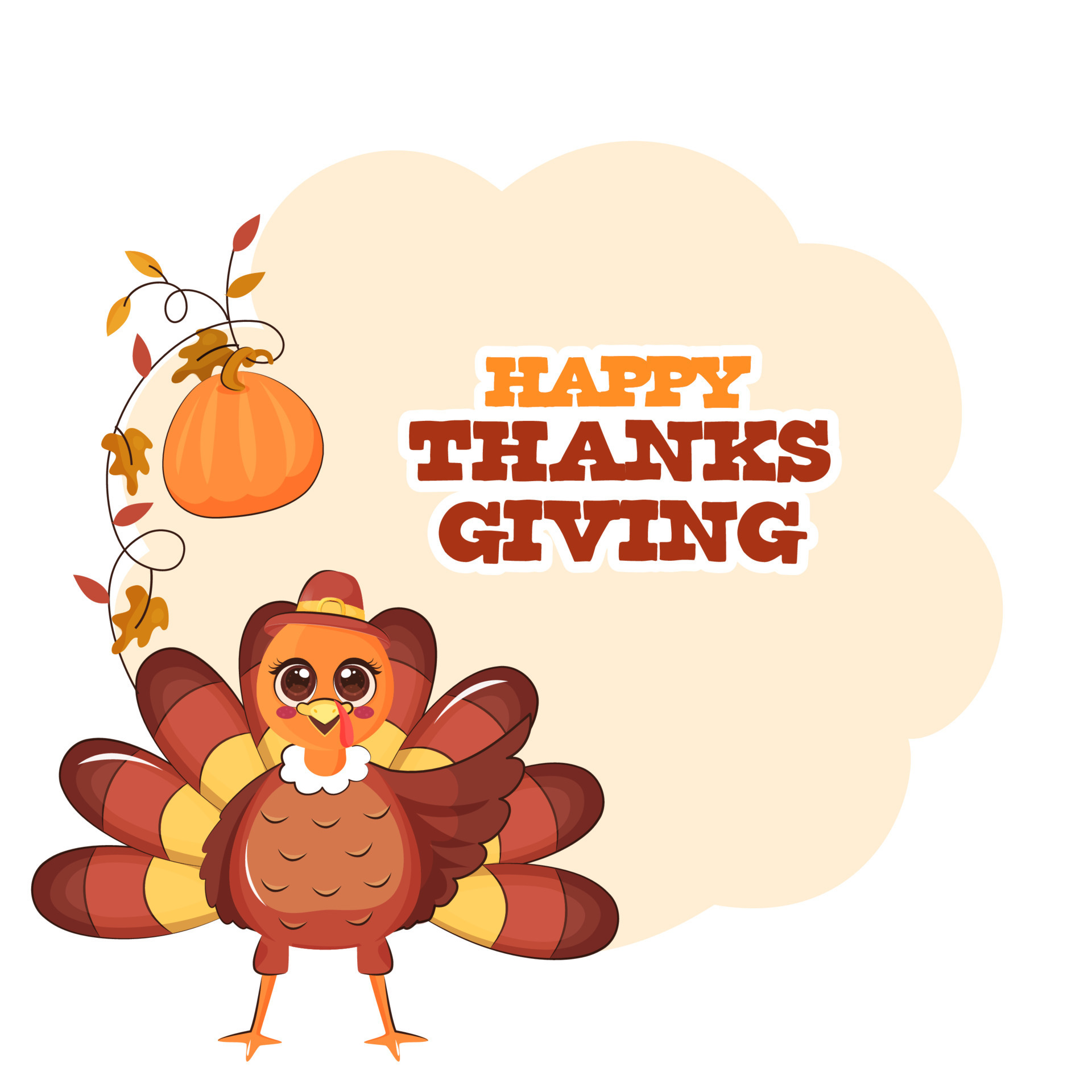 Happy Thanksgiving Concept With Cartoon Turkey Bird, Pumpkin, Autumn