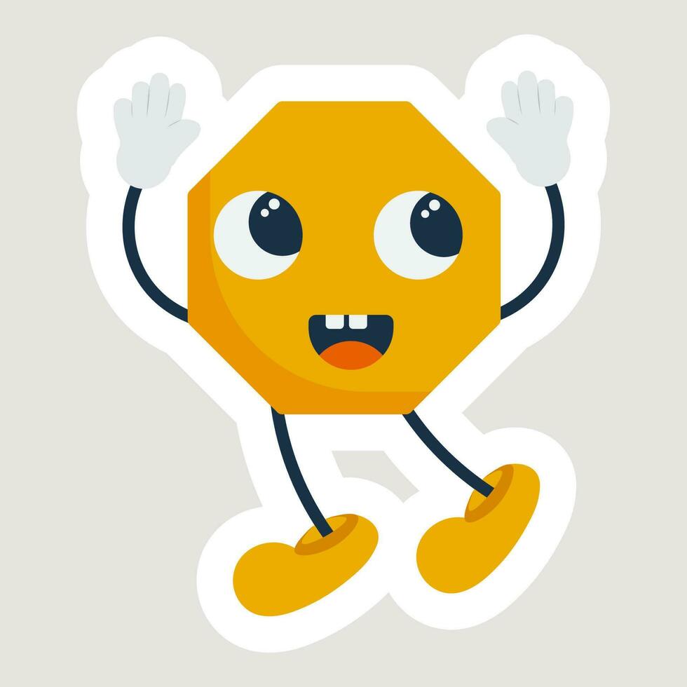 Sticker Style Funny Yellow Nonagon Shape Cartoon In Jumping Pose vector