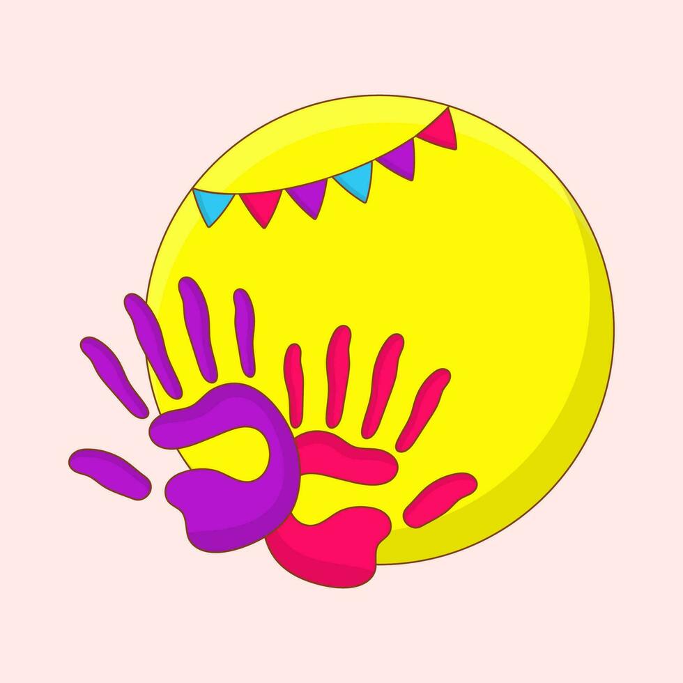 Colorful Hand Print With String Flag Hang Yellow Circle Frame On Pink Background. vector