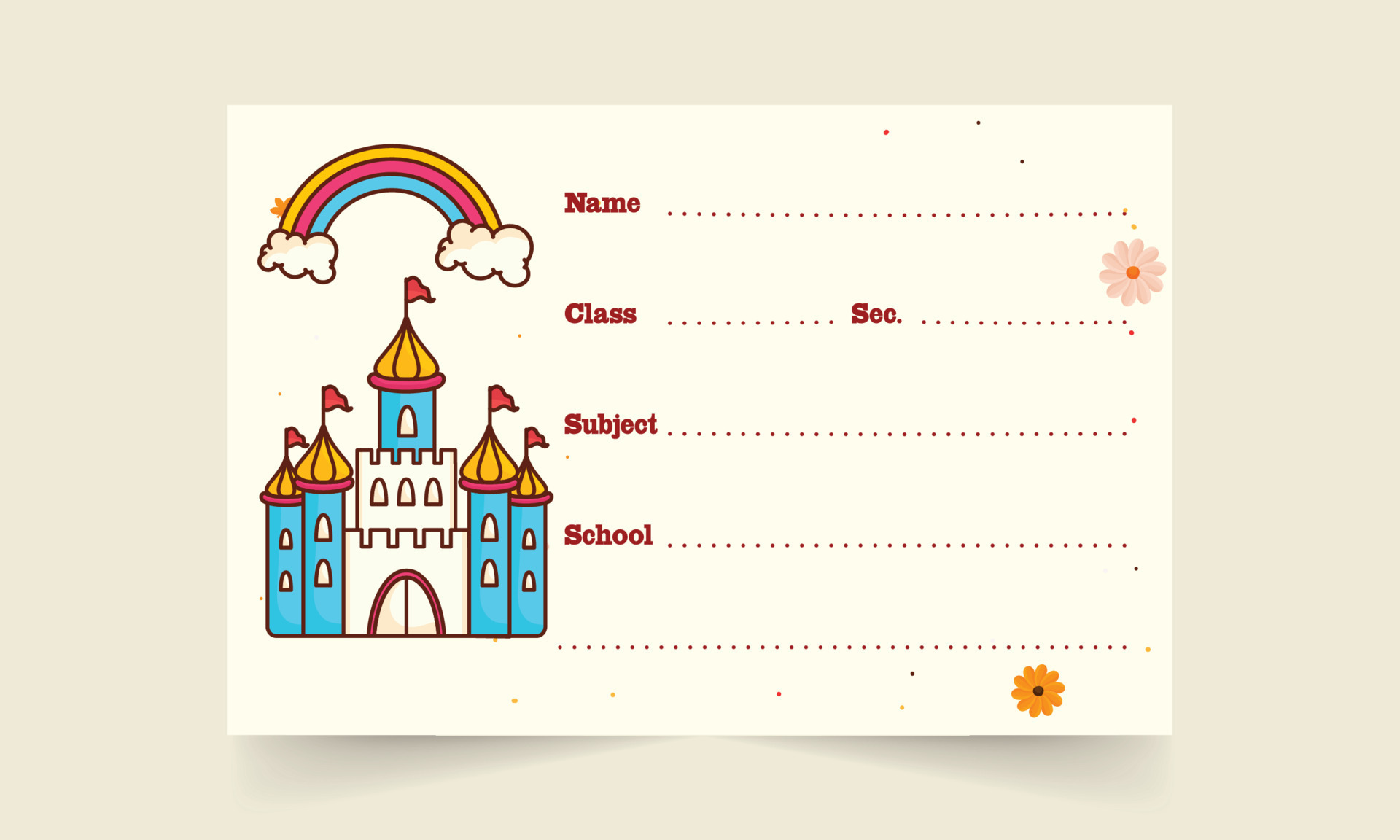 Isolated Castle With Rainbow Name Tag Or Notebook Label On Beige