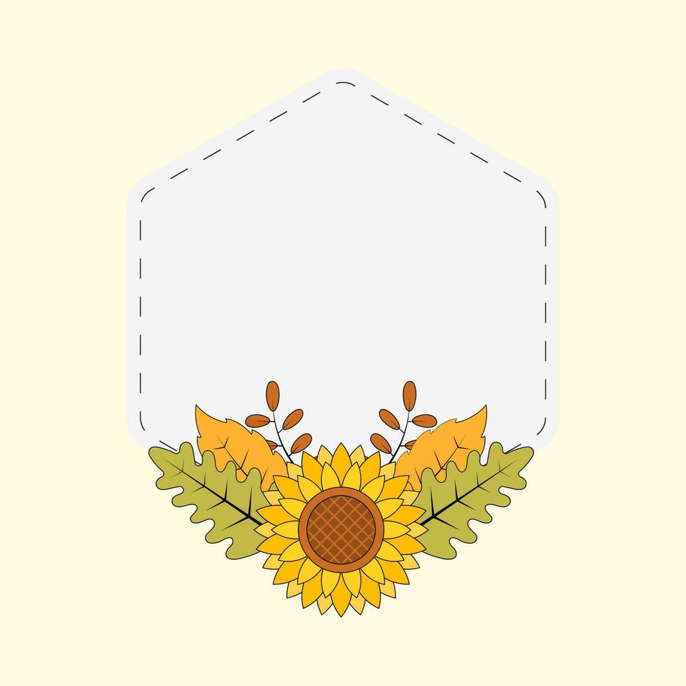 Isolated Sunflower With Autumn Leaves Decorative White Hexagon Frame On Cosmic Latte Background. vector