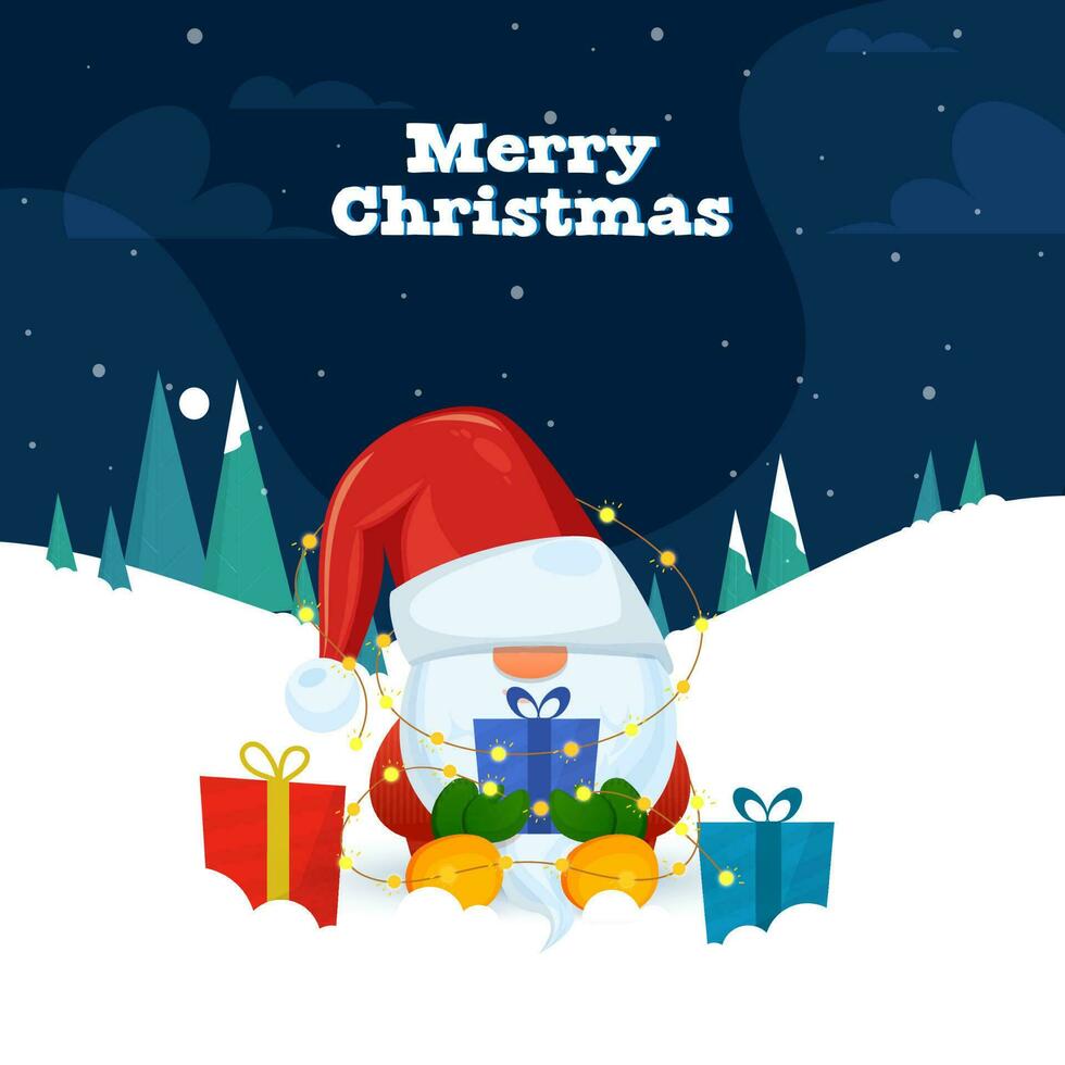 Merry Christmas Celebration Concept With Cartoon Gnome Holding Gift Box, Lighting Garland, Xmas Tree On Blue And White Snowfall Background. vector
