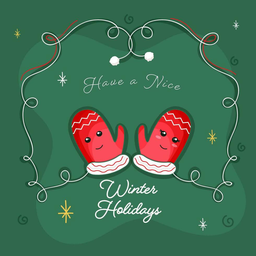 Winter Holidays Greeting Card With Cartoon Santa Gloves Against Green Background. vector